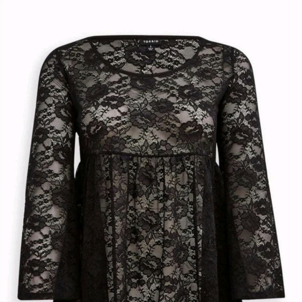 Torrid 1 Babydoll Stretch Lace Scoop Neck Long Sleeve Top